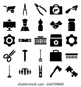 Work icons set. set of 25 work filled icons such as wheel barrow, briefcase with weapon, cloth pin, clean brush, gear, nail, trowel, level ruler, pliers, pitchfork, hoe, axe