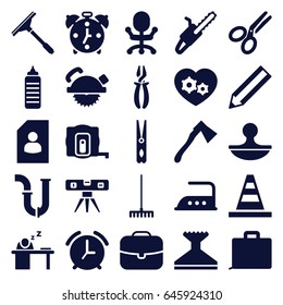Work icons set. set of 25 work filled icons such as measure tape, window squeegee, cloth pin, iron, pencil, cone, saw blade, pipe, pliers, level ruler, rake, axe, chain saw