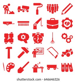Work icons set. set of 25 work filled icons such as barrow, clean brush, case, shovel, pencil, hummer, excavator, concrete mixer, hacksaw, digging man, rake, heart in gear