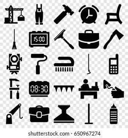 Work icons set. set of 25 work filled icons such as construction crane, level equipment, window squeegee, mop, clean brush, phone, case, table, hummer, trowel, chainsaw, rake