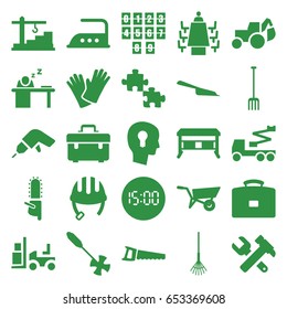 Work icons set. set of 25 work filled icons such as wheel barrow, helmet, dustpan, iron, toolbox, drill, hummer and wrench, excavator, crane, forklift, chainsaw, pitchfork
