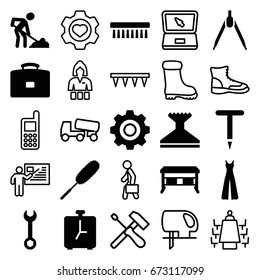 Work icons set. set of 25 work filled and outline icons such as window squeegee, dust brush, clean brush, jumpsuit, wrench, digging man, gardening tool, gear, alarm