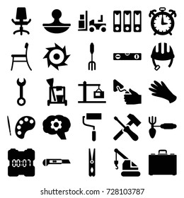 Work icons set. set of 25 work filled icons such as helmet, gloves, cleaning tools, cloth pin, wrench, roller, level ruler, crane, trowel, forklift, gardening tool, pitchfork