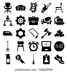 Work icons set. set of 25 work filled icons such as level equipment, iron, mud, boot, office chair, concrete mixer, hacksaw, electric saw, pitchfork, rake, chain saw