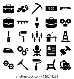 Work icons set. set of 25 work filled icons such as cone barrier, window squeegee, iron, case, toolbox, screwdriver, roller, excavator, hummer, trowel, plowing tool, cutter