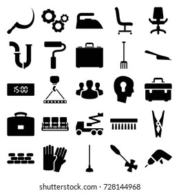 Work icons set. set of 25 work filled icons such as glove, chair, dustpan, cloth pin, iron, clean brush, toolbox, drill, pipe, crane, hook with cargo, pitchfork