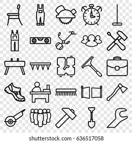 Work icons set. set of 25 work outline icons such as window squeegee, mop, clean brush, boot, jumpsuit, table, shovel, hummer, saw blade, level ruler, electric saw