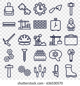 Work icons set. set of 25 work outline icons such as stamp, construction crane, casino girl, clean brush, boot, group, screw, trowel, wrench, digging man, chainsaw
