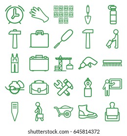 Work icons set. set of 25 work outline icons such as man with luggage, stamp, construction crane, gloves, dust brush, clean brush, jumpsuit, drill, hummer and wrench