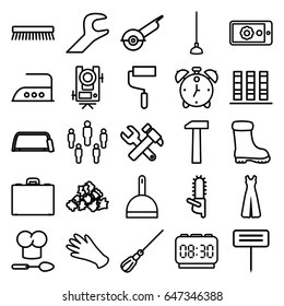 Work icons set. set of 25 work outline icons such as level equipment, gloves, dustpan, mop, clean brush, mud, iron, boot, jumpsuit, hummer and wrench, roller, hacksaw