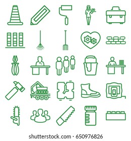 Work icons set. set of 25 work outline icons such as cone barrier, pencil, measure tape, casino girl, saw, toolbox, hummer, roller, pliers, paint bucket, chainsaw, pitchfork