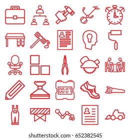 Work Icons Set. Set Of 25 Work Outline Icons Such As Pencil, Barrier, Brick Wall, Hammer, Window Squeegee, Boot, Resume, Office Desk, Roller, Saw Blade, Excavator, Pliers