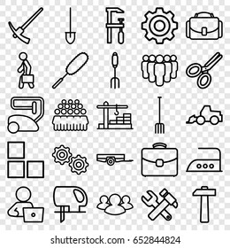 Work Icons Set. Set Of 25 Work Outline Icons Such As Barrow, Brick Wall, Vacuum Cleaner, Dust Brush, Iron, Man With Laptop, Group, Hummer And Wrench, Excavator, Electric Saw