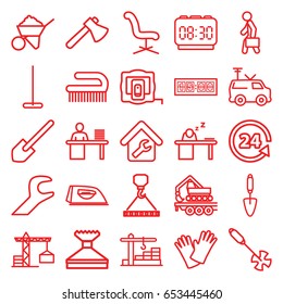 Work icons set. set of 25 work outline icons such as construction crane, measure tape, mop, window squeegee, iron, clean brush, office chair, shovel, axe, construction