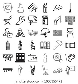 Work icons. set of 36 editable outline work icons such as barrier, cloth pin, maid, jumpsuit, man with laptop, drill, pliers, electric saw, teacher, palette
