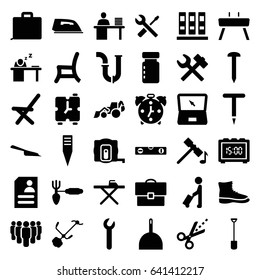 Work icons set. set of 36 work filled icons such as man with luggage, measure tape, hammer, dustpan, ironing table, iron, nail, level ruler, pipe, excavator