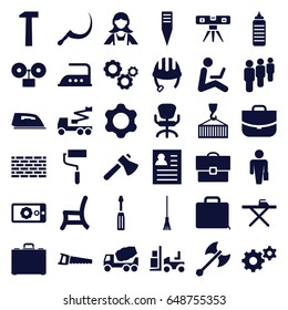 Work icons set. set of 36 work filled icons such as helmet, ironing table, iron, maid, case, office chair, gear, screwdriver, axe, concrete mixer, roller, crane, forklift