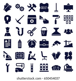 Work icons set. set of 36 work filled icons such as vacuum cleaner, broom, cloth pin, window squeegee, gloves, resume, gear, drill, pipe, crane, trowel, paint bucket