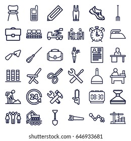 Work icons set. set of 36 work outline icons such as pencil, chair, casino girl, dustpan, mop, window squeegee, iron, boot, phone, resume, table, shovel, trowel