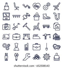 Work icons set. set of 36 work outline icons such as briefcase with weapon, stamp, barrow, window squeegee, lawn mower, iron, mud, phone, gear, resume, construction crane