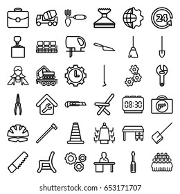 Work icons set. set of 36 work outline icons such as briefcase with weapon, cone barrier, chair, broom, dustpan, window squeegee, maid, office desk, group, saw, wrench