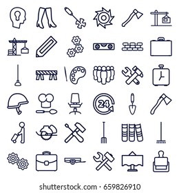Work icons set. set of 36 work outline icons such as man with luggage, stamp, barrow, pencil, construction crane, broom, woman boots, hummer and wrench, level ruler, barrier