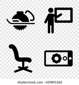 Work icons set. set of 4 work filled icons such as office chair, electric saw, gear on display