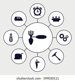 work icons set. Set of 9 work filled icons such as Casino girl, window squeegee, lawn mower, iron, group, pliers, gardening tool, gear