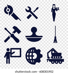 Work icons set. set of 9 work filled icons such as Casino girl, electric saw, wrench and screwdriver, rake, cargo crane, stamp, clobe gear, teacher