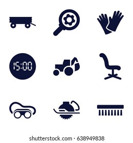 Work icons set. set of 9 work filled icons such as barrow, clean brush, office chair, excavator, welding glasses, electric saw, gloves, digital clock