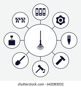 Work icons set. set of 9 work filled icons such as hammer, shovel, hummer, barrier, hook with cargo, rake, gardening tool, binder