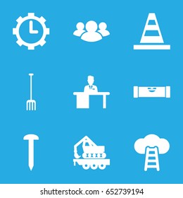 Work icons set. set of 9 work filled icons such as level ruler, nail, cone, pitchfork, cargo crane, group, man working at the table, clock in gear