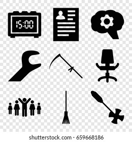 Work icons set. set of 9 work filled icons such as resume, rake, gardening tool, scythe, office chair, wrench, digital clock, group of people and man celebrating victory
