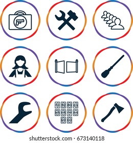 Work icons set. set of 9 work filled and outline icons such as mop, maid, wrench, axe weapon, briefcase with weapon, group, gate, digital clock