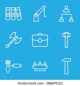work icons set. Set of 9 work outline icons such as group, gardening tool, garden hammer, cargo crane, structure, binder, case, hummer