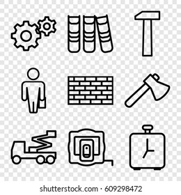 Work icons set. set of 9 work outline icons such as measure tape, gear, axe, crane, binder, hummer, alarm, man with case