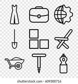 Work icons set. set of 9 work outline icons such as brick wall, jumpsuit, gardening tool, shovel, wheelbarrow, outdoor chair, case, clobe gear