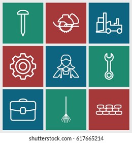 Work icons set. set of 9 work outline icons such as maid, nail, wrench, electric saw, forklift, rake, gear, case