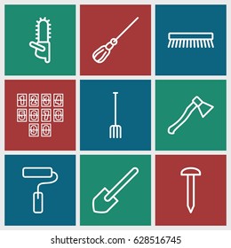 Work icons set. set of 9 work outline icons such as mop, clean brush, shovel, nail, chainsaw, pitchfork, paint roller, digital clock
