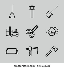 Work icons set. set of 9 work outline icons such as broom, dustpan, construction crane, hacksaw, electric saw, forklift, garden hammer, scissors