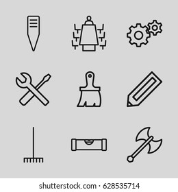 Work icons set. set of 9 work outline icons such as pencil, level ruler, gear, brush, wrench and screwdriver, rake, gardening tool, meeting