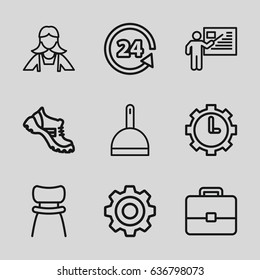 Work icons set. set of 9 work outline icons such as dustpan, maid, boot, 24 support, chair, clock in gear 