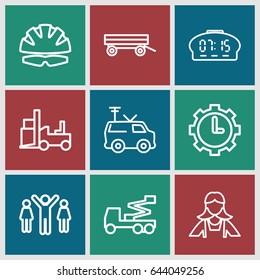 Work icons set. set of 9 work outline icons such as barrow, maid, crane, forklift, tv van, clock in gear, digital clock, helmet