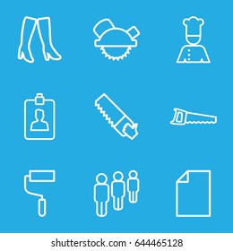 Work icons set. set of 9 work outline icons such as woman boots, roller, saw blade, saw, clipboard, chef, paper