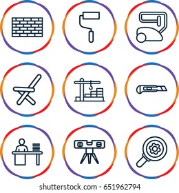 Work icons set. set of 9 work outline icons such as vacuum cleaner, roller, level ruler, cutter, outdoor chair, man working at the table, construction  crane, gear