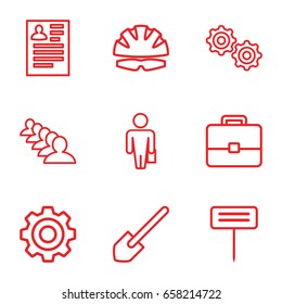 Work icons set. set of 9 work outline icons such as resume, group, shovel, gardening tool, gear, helmet, man with case