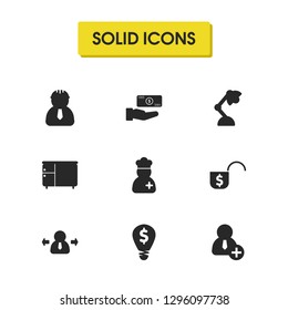 Work icons set with add person, active person and arm money elements. Set of work icons and unlock concept. Editable vector elements for logo app UI design.