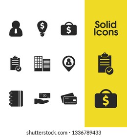 Work icons set with business center, note list and person elements. Set of work icons and payment concept. Editable vector elements for logo app UI design.
