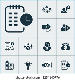 Work icons set with cash flow, effective teamwork, long-term plan and other champion elements. Isolated vector illustration work icons.