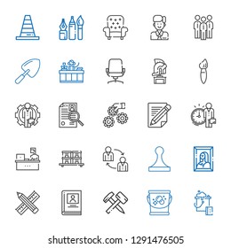 work icons set. Collection of work with bucket, hammer, biography, pencil, painting, stamp, teamwork, stock, working, employee, settings, curriculum. Editable and scalable work icons.